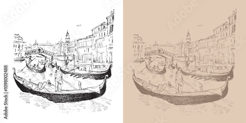 Beautiful italian Venice. Hand drawn doodle illustration about Venice. 100% haand drawn vector image.