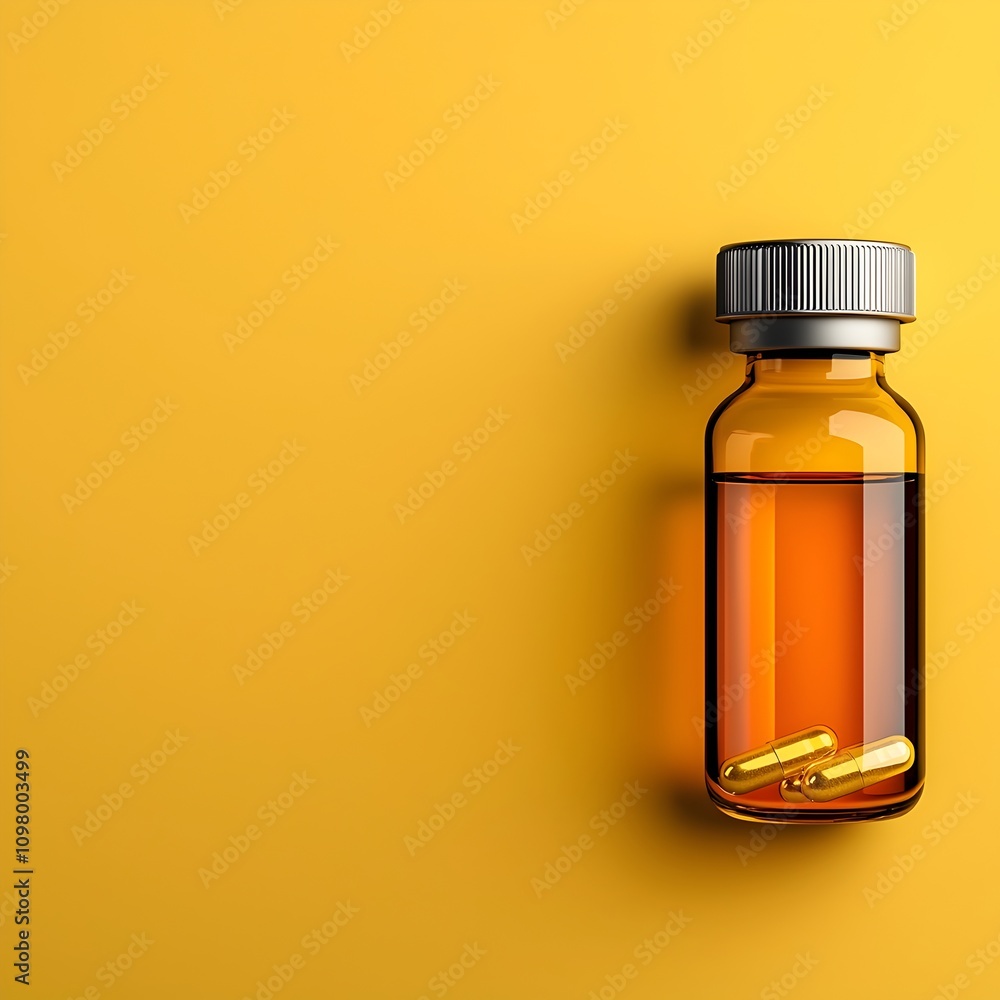Closeup of a single clear glass vial filled with shimmering gold liquid symbolizing the purity and potent nature of holistic natural medicinal treatments on a soft yellow backdrop Closeup of a single clear glass vial filled with shimmering gold liquid symbolizing the purity and potent nature of holistic natural medicinal treatments on a soft yellow backdrop