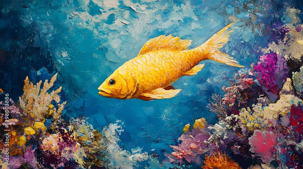 A bright yellow fish glides gracefully through a lively coral reef, surrounded by colorful corals and shimmering turquoise waters A bright yellow fish glides gracefully through a lively coral reef, surrounded by colorful corals and shimmering turquoise waters