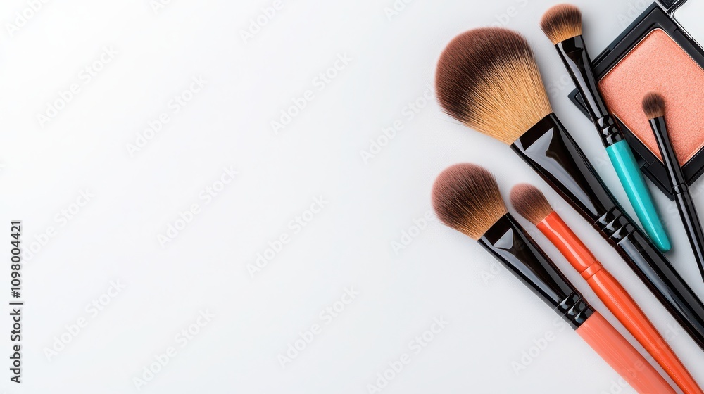 Elegant makeup setup polished brushes in a cup, bronzer, and compact mirror on a clean white backdrop Elegant makeup setup polished brushes in a cup, bronzer, and compact mirror on a clean white backdrop