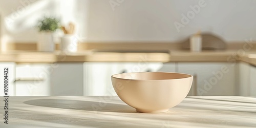 Wallpaper Mural Handcrafted ceramic bowl, gentle minimalist style, soft pastels, front view focus, nestled in a warm, inviting kitchen atmosphere. Torontodigital.ca