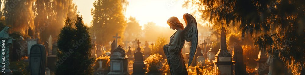 Fototapeta premium Marble statue of grieving angel, memorial monument slab on sunny cemetery background. Banner template of sadness, hope, religious architecture for death ceremony and funeral services copyspace