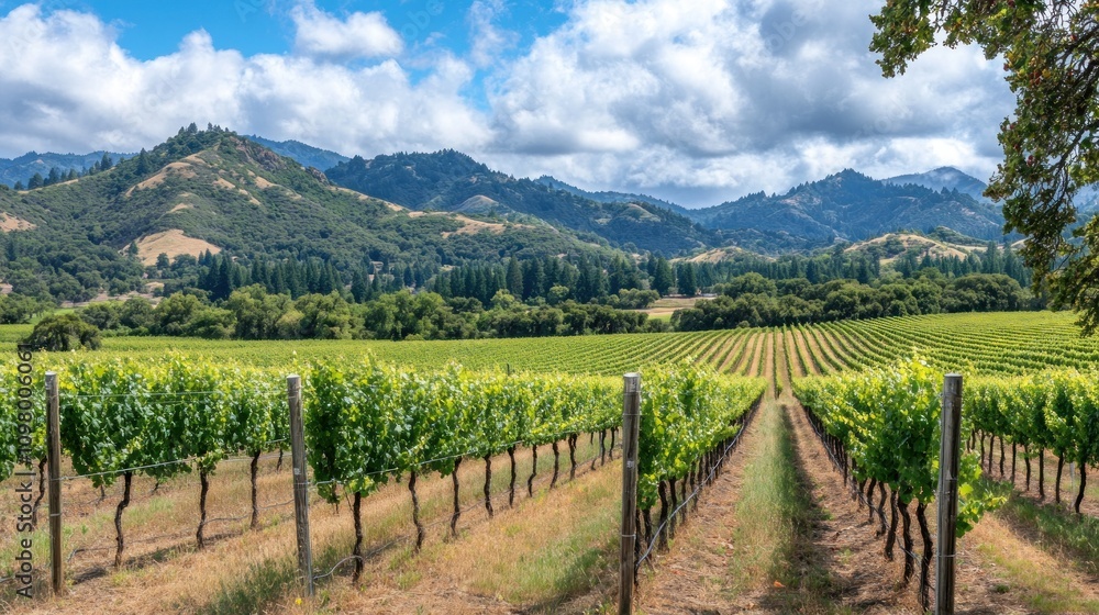 Fototapeta premium Vineyard Rows Under a Sunny Sky and Mountains