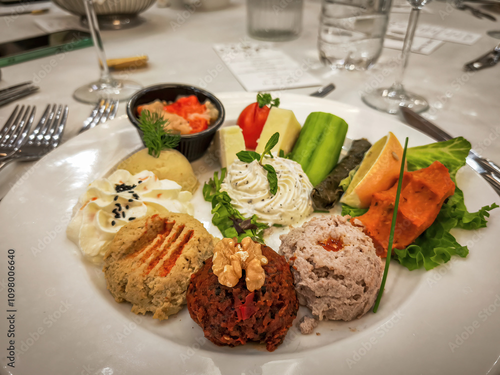 Hors d'oeuvre plate, Antep paste, Hummus, Haydari, Eggplant burial, Lemon, Cucumber, Tomato, Ezine cheese, Izmir tulum cheese.