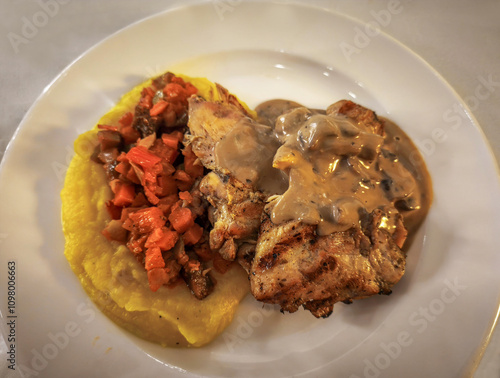 Obraz na płótnie Grilled chicken legs with creamy mushroom sauce (with turmeric mashed potatoes and sautéed ratatouille vegetables) w salonie