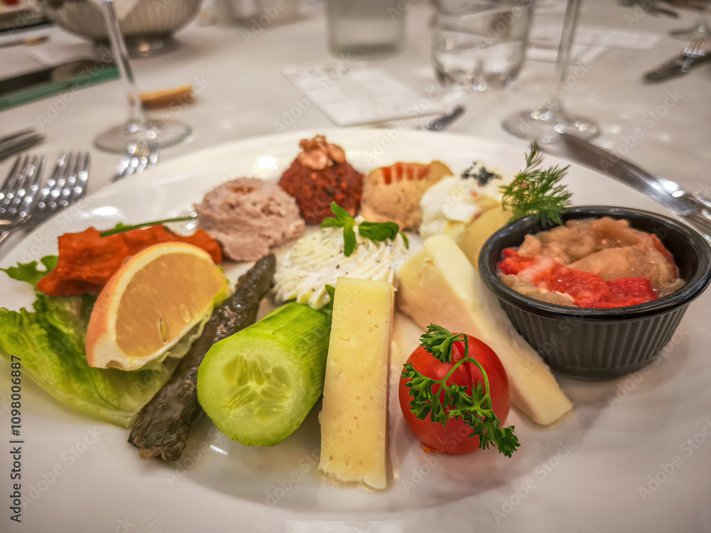 Hors d'oeuvre plate, Antep paste, Hummus, Haydari, Eggplant burial, Lemon, Cucumber, Tomato, Ezine cheese, Izmir tulum cheese.