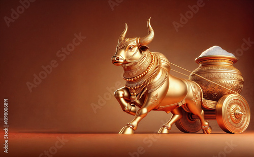 3D render concept for Mattu Pongal featuring a golden bull pulling a decorative chariot that carries a traditional Pongal pot banner Ai generated  photo