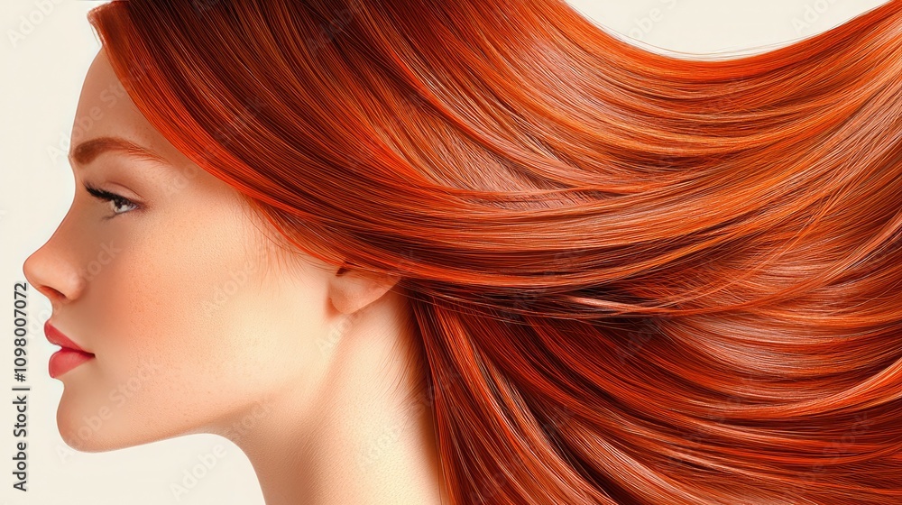 A profile view of a woman showcasing vibrant red hair flowing elegantly against a light background. A profile view of a woman showcasing vibrant red hair flowing elegantly against a light background.