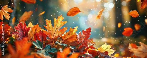 A vibrant scene of falling autumn leaves, creating a colorful carpet, illuminated by soft light, embodying the beauty of the fall season.