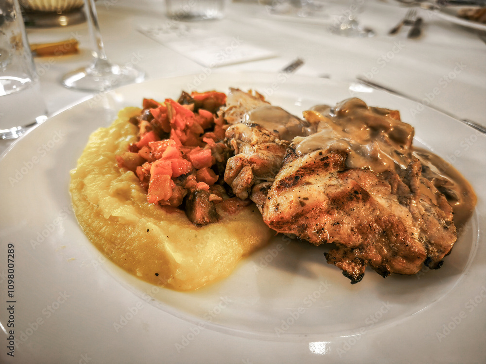 Grilled chicken legs with creamy mushroom sauce (with turmeric mashed potatoes and sautéed ratatouille vegetables)