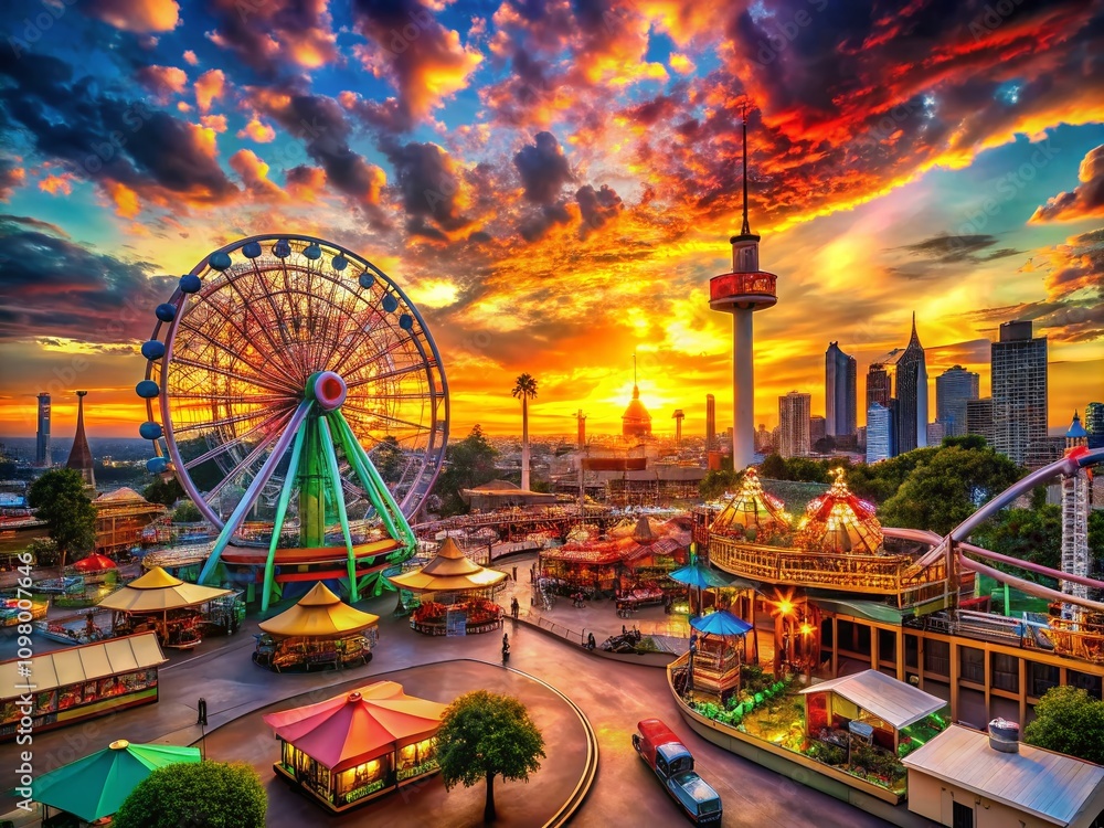 Obraz premium Vibrant City Amusement Park Scene Featuring Colorful Rides and Attractions with a Dynamic Sky, Perfect for Capturing the Excitement of Urban Entertainment and Family Fun