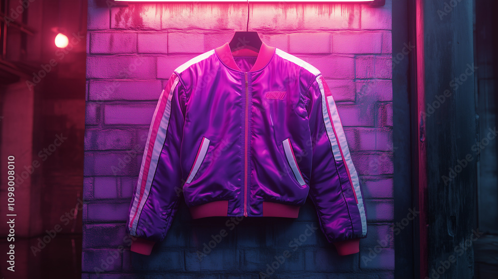 Fototapeta premium A stylish bomber jacket hangs against a vibrant pink wall, casting playful shadows from the morning light in a cozy room.