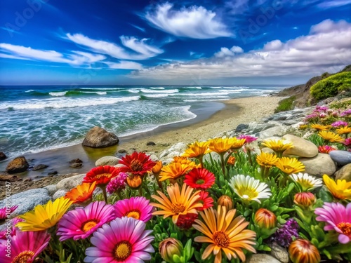 Vibrant Colorful Flowers on Beach Sand by Sea Rocks with Gentle Waves and Clear Blue Sky, Capturing the Beauty of Nature's Palette in a Serene Coastal Setting
