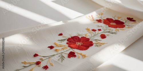 Exquisite Embroidered Textile with Intricate Floral Design. photo