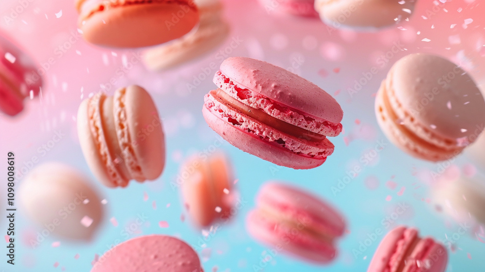 Obraz premium Flying macaron cakes background. 