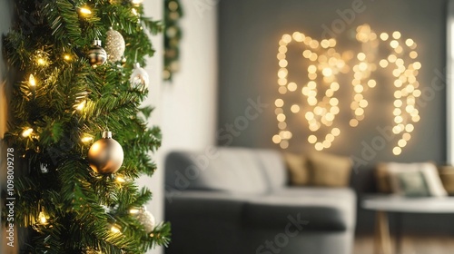 Festive living room corner with decorated Christmas tree, twinkling lights, and cozy sofa in background, creating a warm and inviting holiday atmosphere. photo