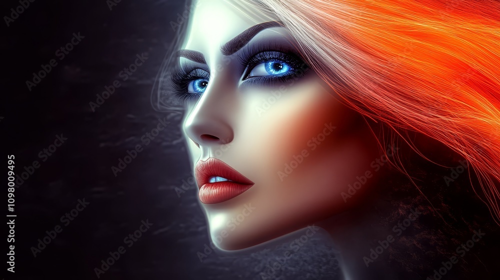 Naklejka premium A woman with bright orange hair and blue eyes