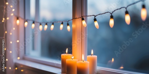 Candles and string lights create a cozy ambiance in a windowsill at dusk. photo