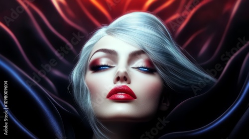 A woman with white hair and red lipstick