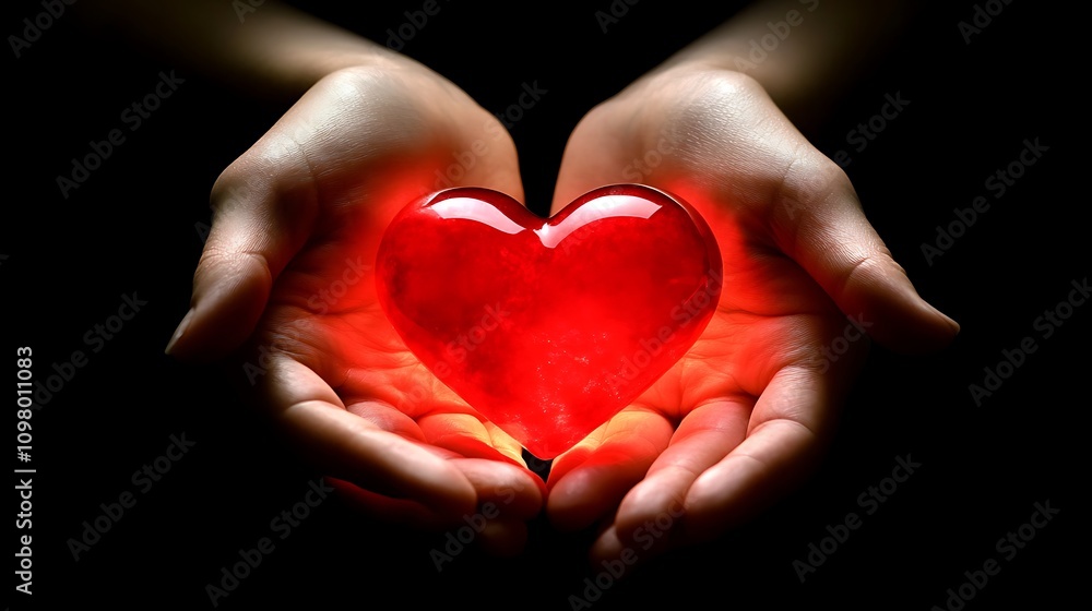 Fototapeta premium Glowing Red Heart Held in Gentle Hands