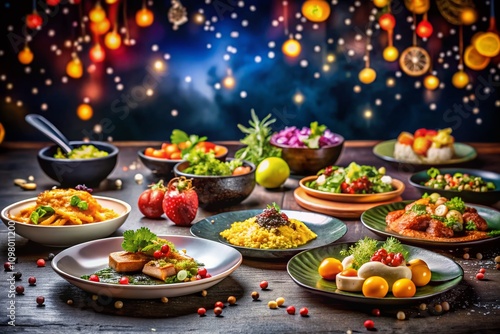 Vibrant Food Photography with Colorful Bokeh Effect Resembling Shining Stars Against a Dark Background, Perfect for Culinary and Gastronomy Themes