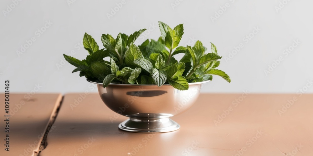 Fresh mint leaves in a metal bowl on a light brown surface. Fresh mint leaves in a metal bowl on a light brown surface.