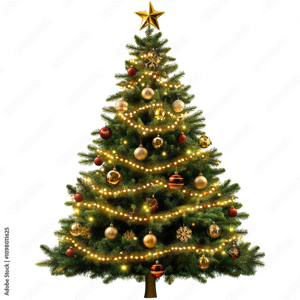 Fototapeta premium Festive Gold and Red Christmas Tree with Lights