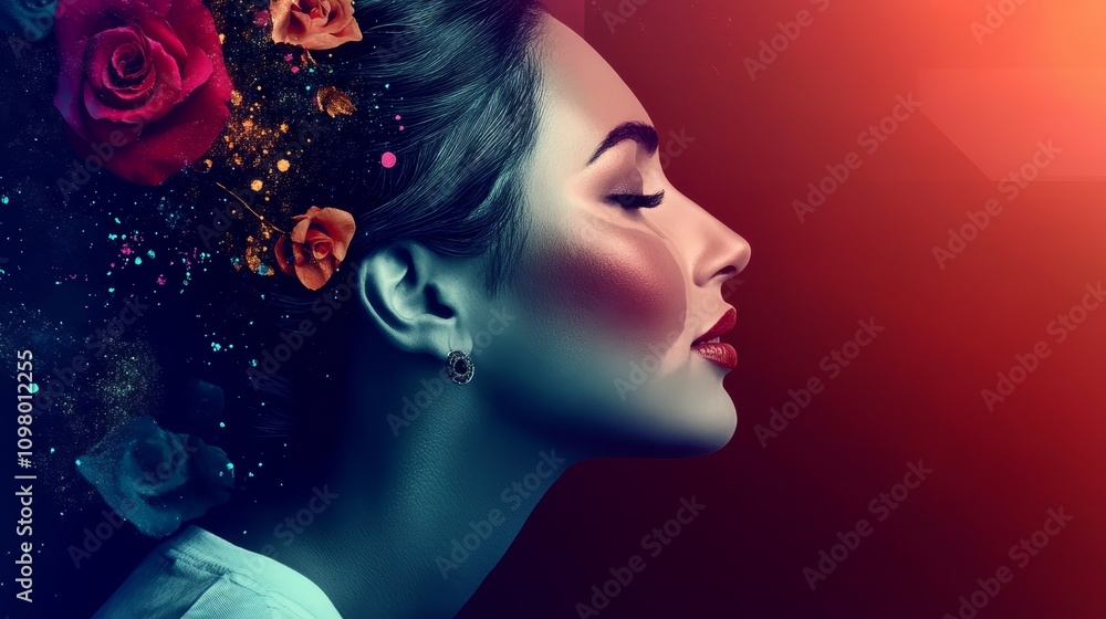 A woman with flowers in her hair and a red background A woman with flowers in her hair and a red background