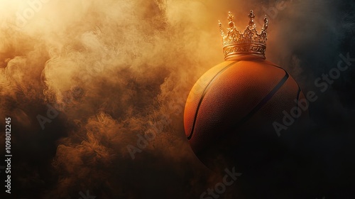 A basketball crowned with a golden crown amidst smoky, dramatic lighting.
