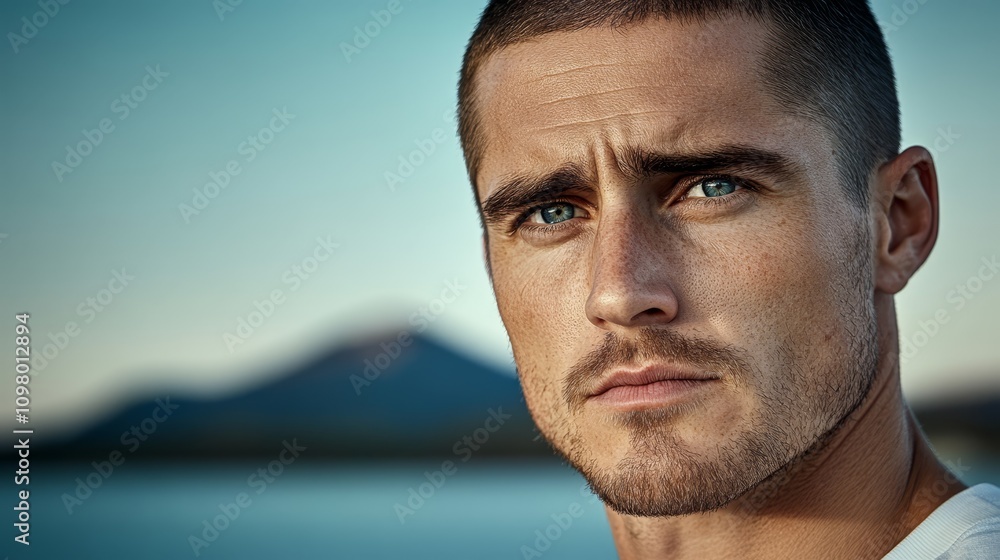 A close up of a man's face with a mountain in the background A close up of a man's face with a mountain in the background