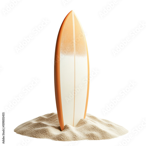 Vibrant Surfboard Resting on Sandy Shore on a white background.