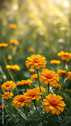 Fresh marigold flowers blooming in a spring garden, yellow, blooming, flowers, spring, nature