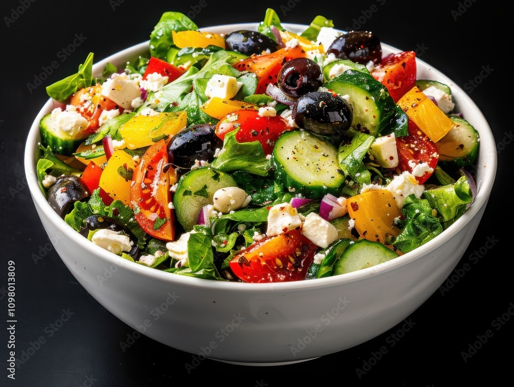 Preparing a refreshing greek salad with feta cheese and olives in a crisp vegetable medley on a white ceramic bowl Preparing a refreshing greek salad with feta cheese and olives in a crisp vegetable medley on a white ceramic bowl