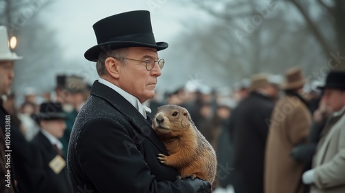 Groundhog Day celebration in Pennsylvania with an official holding a groundhog in a snowy outdoor setting