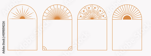 Golden geometric frames with ornament star and sunbeam in art deco style. Minimalistic modern aesthetic linear arch.