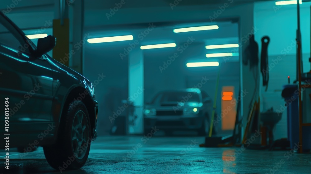 Fototapeta premium Empty Garage with Parked Cars and Neon Lighting in Blue Tones