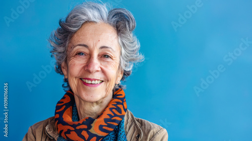 close up of senior woman smiling on blue background