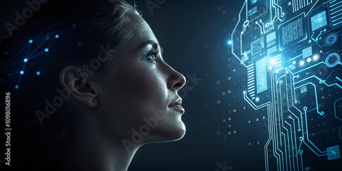 Side profile of human woman face on dark background, illuminated by glowing blue circuitry and microchips, representing AI-powered technology.