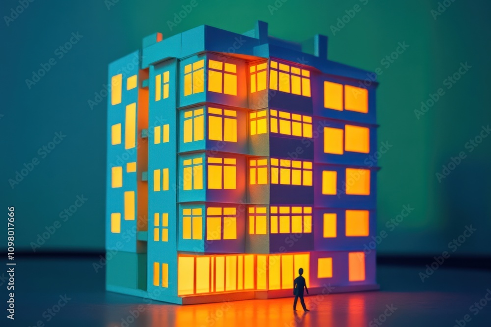 Fototapeta premium Paper Building with Glowing Windows and a Silhouette of a Man