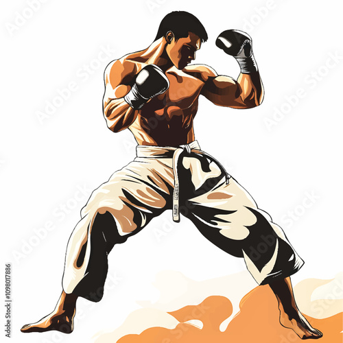 Vector illustration of a martial artist in a combat-ready stance, wearing traditional attire and boxing gloves, highlighting strength and focus. Ideal for sports, martial arts, and fitness-themed desi