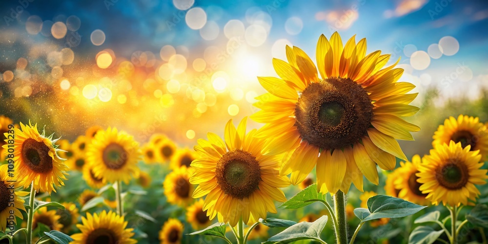 Obraz premium Vibrant Sunflower Field Under a Clear Blue Sky on a Warm Summer Day with Beautiful Bokeh Effect Creating a Dreamy and Serene Atmosphere for Nature Lovers and Photographers
