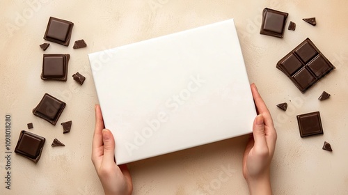 Mockup valentine 3D concept. A person holds a blank white box surrounded by dark chocolate pieces on a light surface, evoking feelings of anticipation and indulgence.