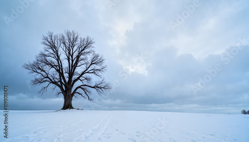 Lonely tree in a snowy field under a dramatic cloudy sky, Blue Monday theme