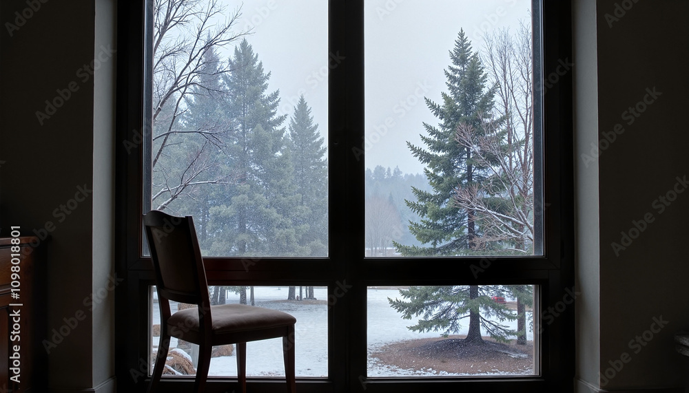 Fototapeta premium Empty chair by a window looking out at a snowy landscape with trees, Blue Monday theme