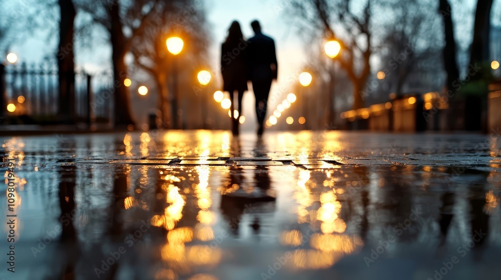 Fototapeta premium A couple walking in the rain at night