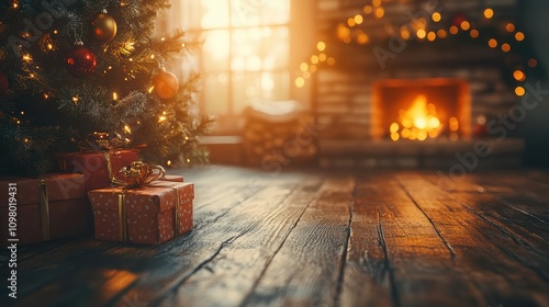 Festive Christmas Gift Boxes with Red and Brown Wrapping, Snowflakes Falling, and Holiday Decorations in a Winter Wonderland Setting photo