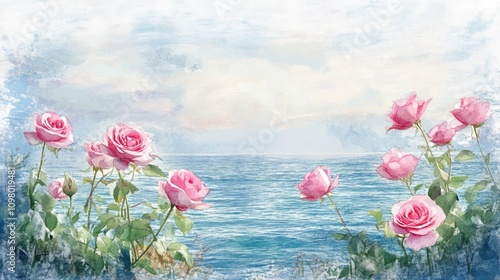 Fototapeta Naklejka Na Ścianę i Meble -  Pink roses by the ocean, watercolor painting.
