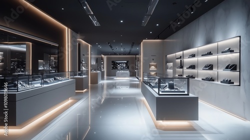 Contemporary Jewelry Store Interior With Sleek Minimalist Design Showcasing Modern Display Cases. Concept.