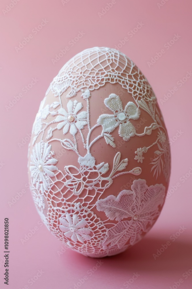 Fototapeta premium Easter egg displays an elegant lace overlay pattern in white, with detailed bees and flowers on a pink background
