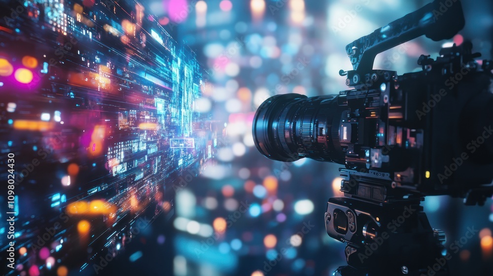 Fototapeta premium Camera filming digital data stream.